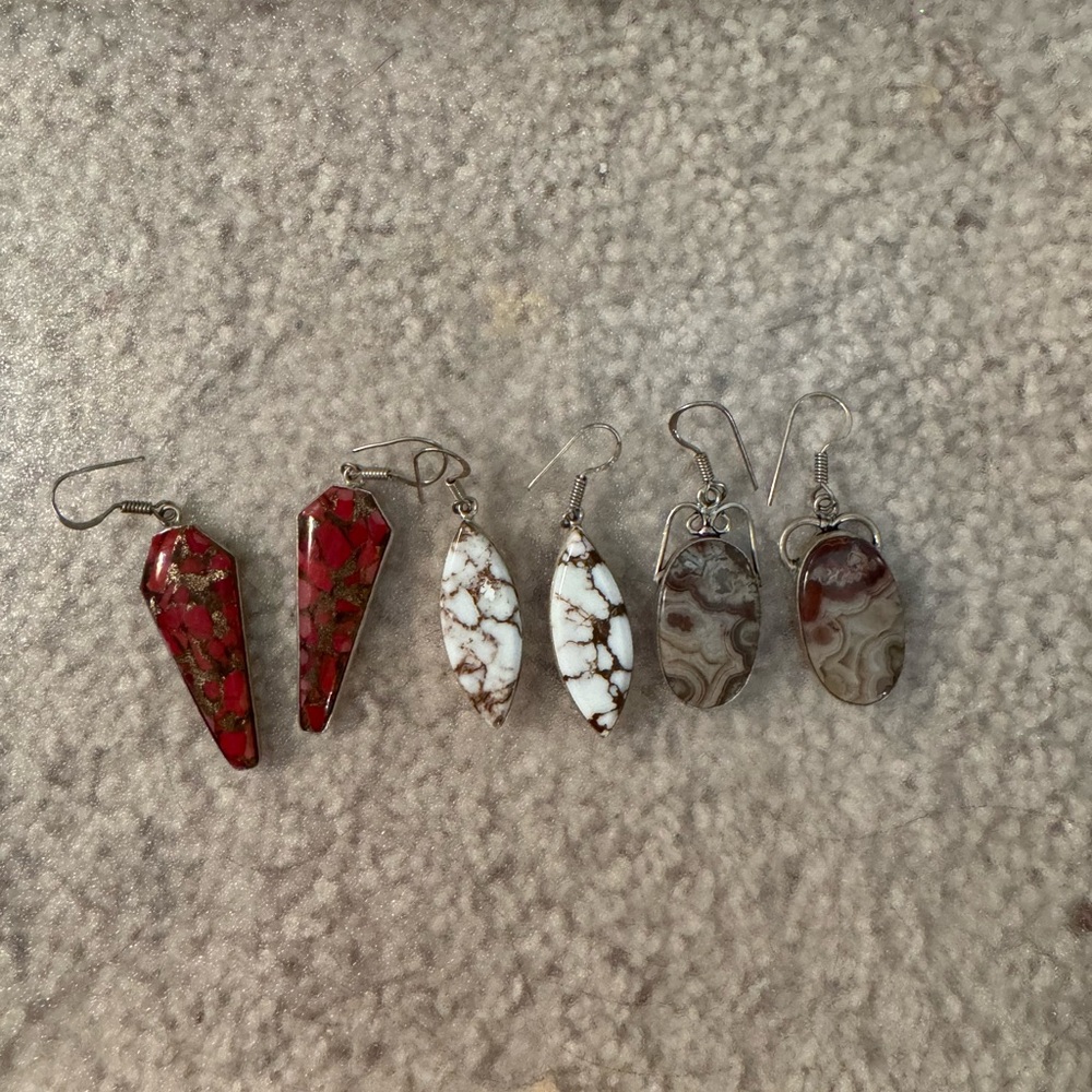 Crazy Lace Agate White Horse Jasper Red Rhodochrosite Set of 3 Pairs of Earrings